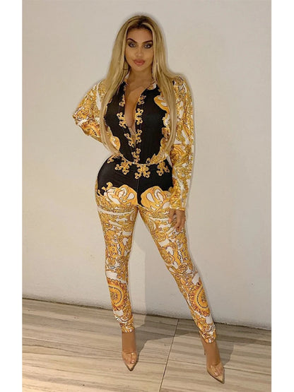 2019 Women Autumn Street Full Sleeve Print Bodysuit & Pants Suit Two Piece Set Casual Sexy Fashion Tracksuit Outfit