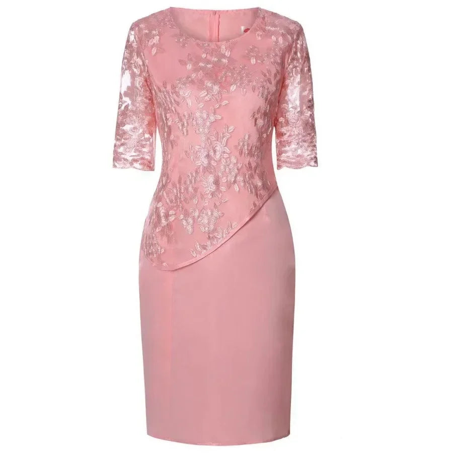 2024 Women's Large Size Midi Dress 5XL Elegant O-neck High-Waist Embroidery Lace 3/4 Sleeve Lady Evening Dress Female Clothing