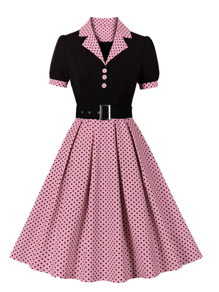 2024 New Fashion Polka Dot Vintage Pleated Dresses Retro Notched Collar Elegant Summer Women Short Sleeve Belted 1950s 60s Dress