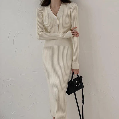 Winter Slim Women Long Dress V Neck Sexy High Waist Knitted Long Sleeve Solid Color Outwear Sexy Women Dress Fashion 3k