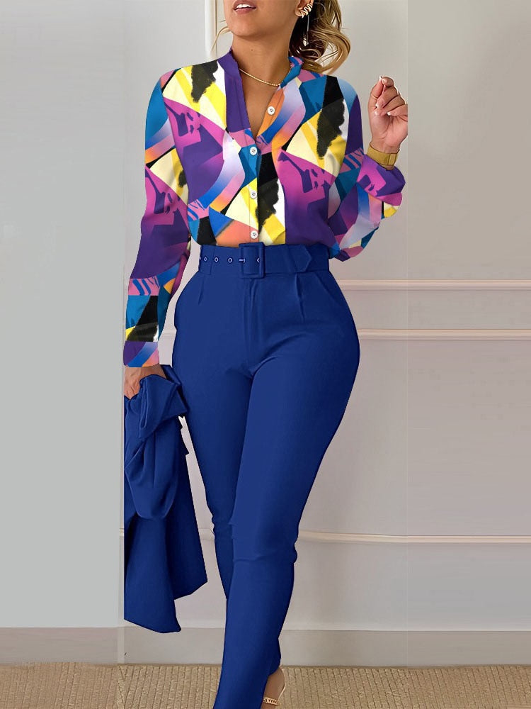 Women's Printed Long Sleeved Shirt Suit Spring Summer Slim High Waist Lace Up Elegant Female Office Pencil Pants Two Piece Set