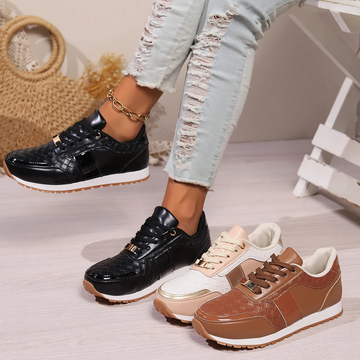 shoes woman trend Women's Fashion Round Toe Lace-Up Women's Sports Shoes Casual Flat Bottom Lightweight Women's Vulcanized Shoes djam