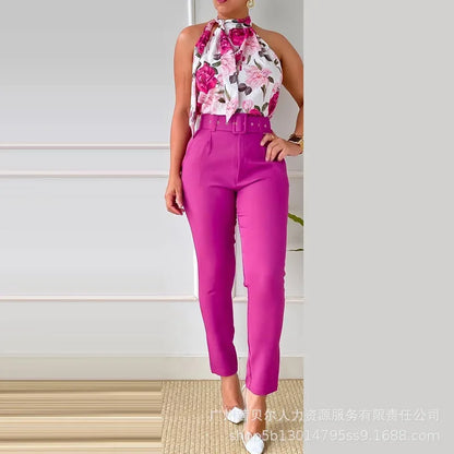 Floral Print Tank Top & High Waist Pants Set With Belt Women Flower Two Piece Set Halter Bow Crop Top Harem Trousers Summer wowo