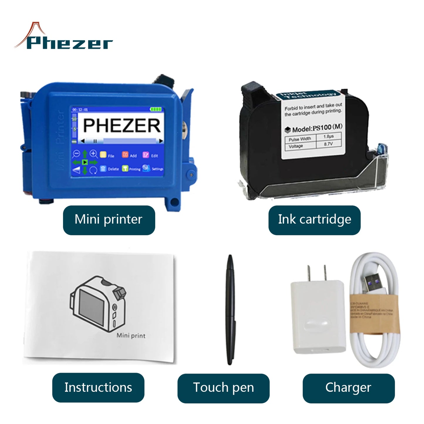 Phezer PC11plus Portable Printer QR Bar Batch Code Date Number Logo Expiry T-shirts 12.7mm Handheld Inkjet Printer Label Mini