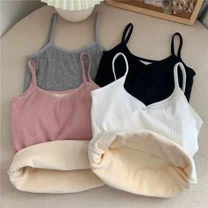 Women Winter Warm Underwear Solid Color Thermal Casual Nightwear Sexy Elasticity Female Thin Velvet T-shirt Sleeveless Tops J17