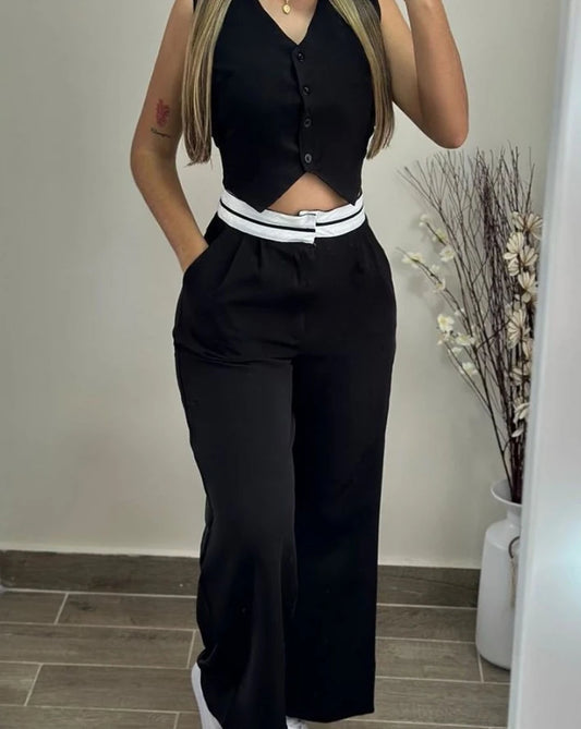 New Fashion 2024 Summer Casual Sexy Elegant V-Neck Buttoned Vest Top & Pocket Design Pants Set Womens Two Piece Sets Outfit