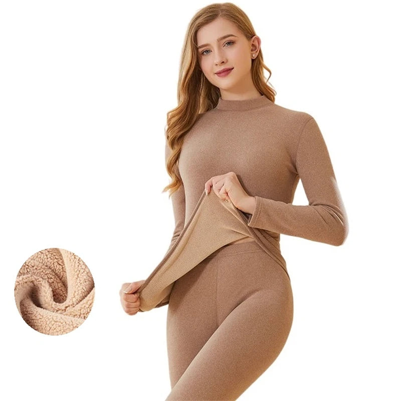 Winter New Women's Thermal Underwear Thick Intimate Set Berber Fleece 2 Pieces Underpanties and Undershirts J17