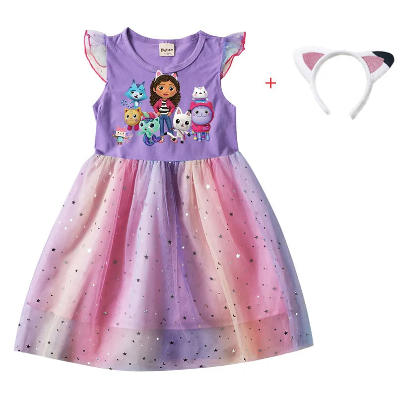 Cartoon Gabby Cats Baby Girl Dresses Kids Gabby's Doll House Clothes Cosplay Costume Children Fly Sleeve Casual Dress + Headband greg