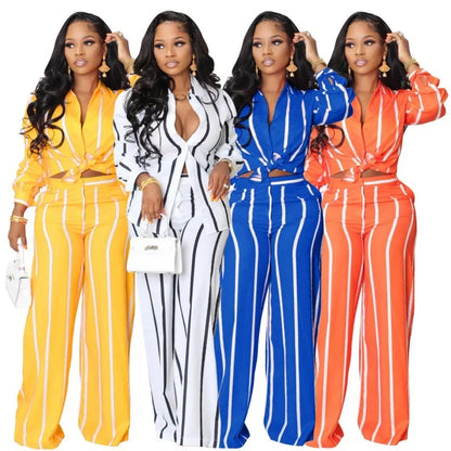 Europe Women's Long Sleeve Loose-fit Straight-leg Striped Shirt 2-piece Set Latest Fashion wowo