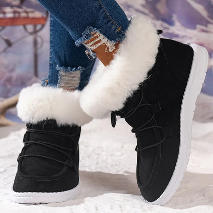 Women's Fashion Solid Color Snow Boots Casual Lace Up Plush Lined Boots Comfortable Winter Ankle Boots