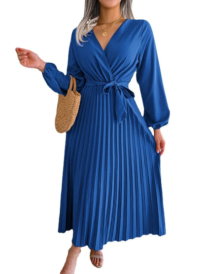 Women Summer Elegant Cross V-neck Swing Pleated Dress Long Maxi Loose Dress Ankle Length Solid Color 3k