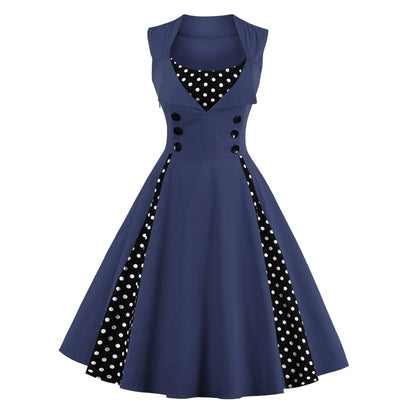 Sleeveless Red Polka Dot Print Vintage Party Dress Women's Elegant Retro 50s 60s Dress Female High Waist Patchwork Swing Dresses