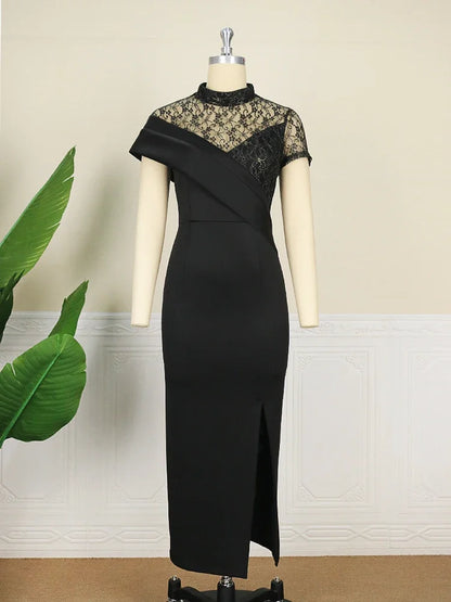 Black Long Prom Dresses High Neck Lace Patchwork Bodycon Women Evening Cocktail Club Party american Gowns Sexy Slit Outfits 2025 Jari