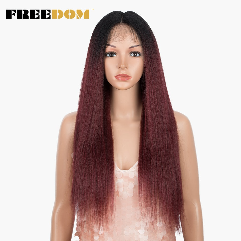 FREEDOM Synthetic Lace Front Wigs For Black Women Yaki Straight Long 26inch perruque Lace Wig Baby Hair Heat Resistant Fiber