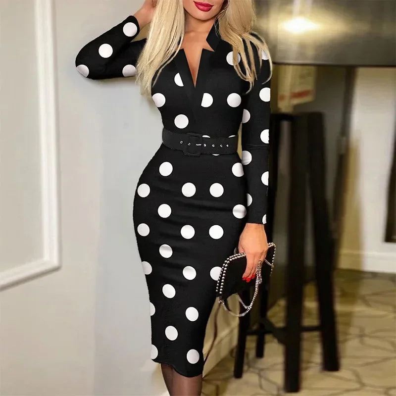 Wepbel Sheath Dress Women Sexy Slim Office Long Sleeve V-neck High Waist Dress with Belt Printed Plaid Lady Bodycon Midi Dress pour