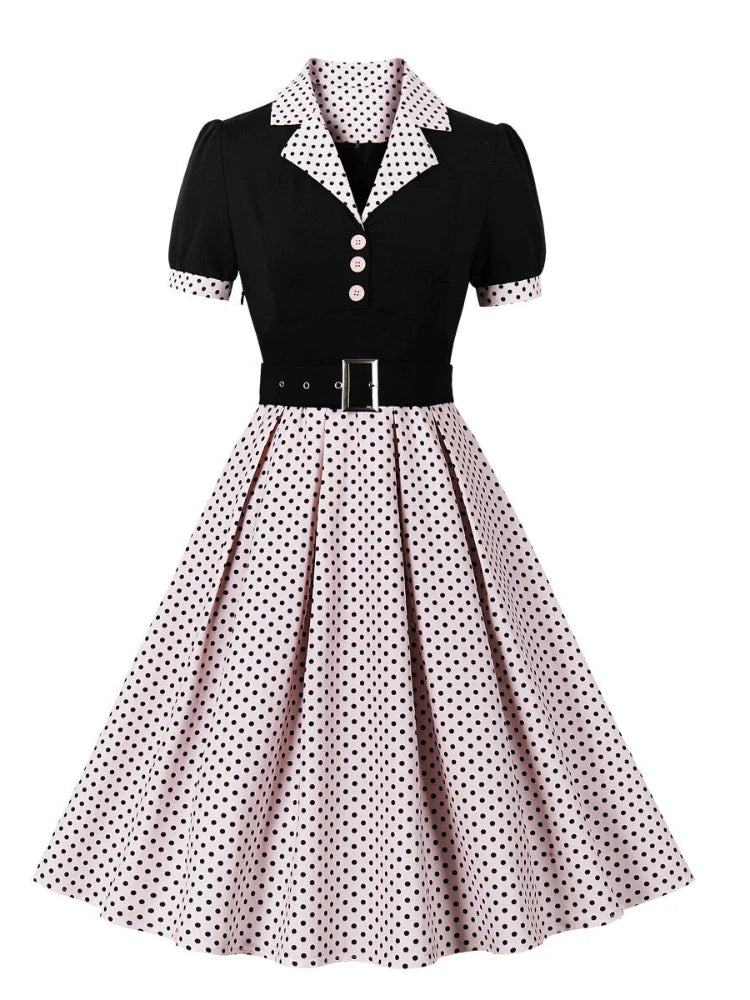 2024 New Fashion Polka Dot Vintage Pleated Dresses Retro Notched Collar Elegant Summer Women Short Sleeve Belted 1950s 60s Dress