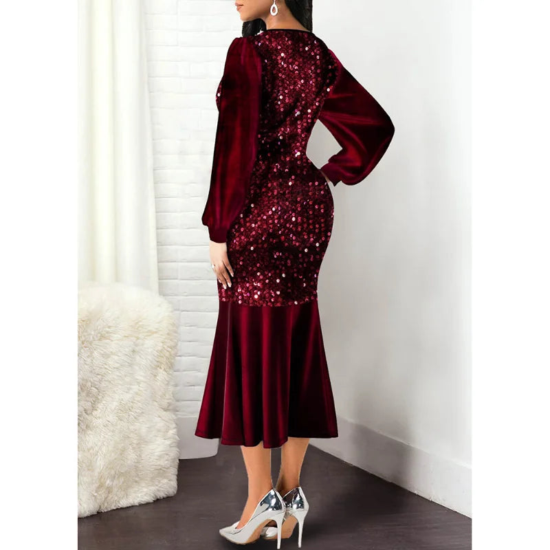 Dress for Women 2024 Sexy V Neck Sequin Evening Wedding Party Dress Elegant Shiny Long Sleeve Bodycon Mermaid Dresses Formal 5xl pour