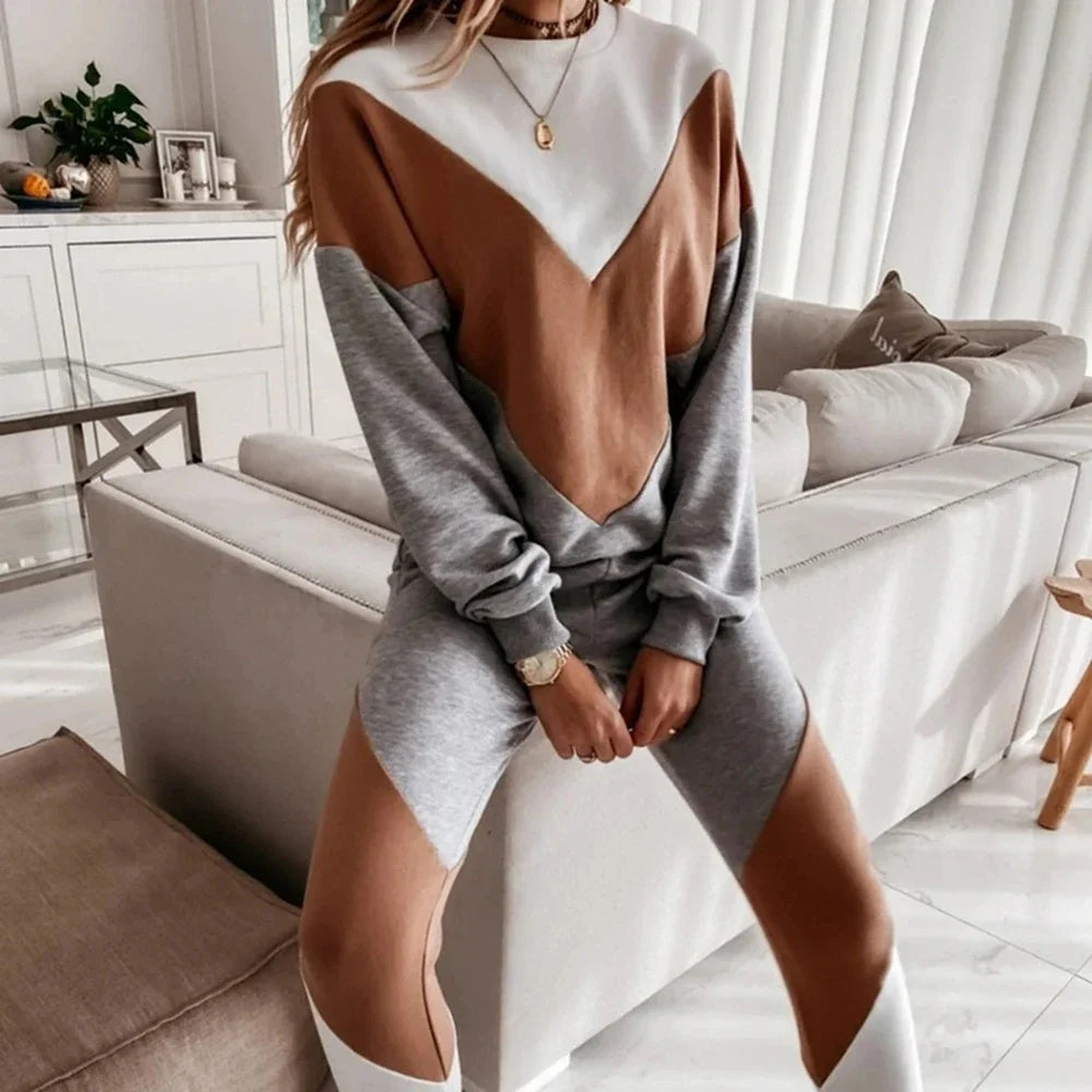 Casual Women Winter Autumn Sport Suits Tracksuits Splicing Femme Two Piece Sets Sweatshirt Top Loose Long Pants Jogging Suits Gs