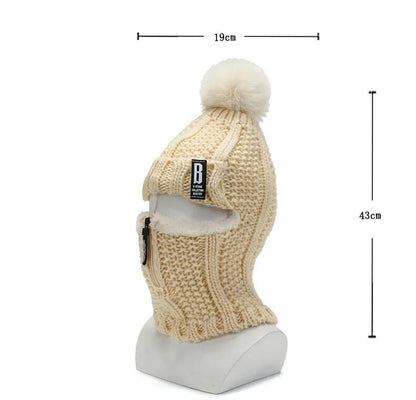 Women Wool Knitted Hat Ski Hat Sets Windproof Winter Outdoor Knit Thick Siamese Scarf Collar Warm Keep Face Warmer Pompoms Cap mask