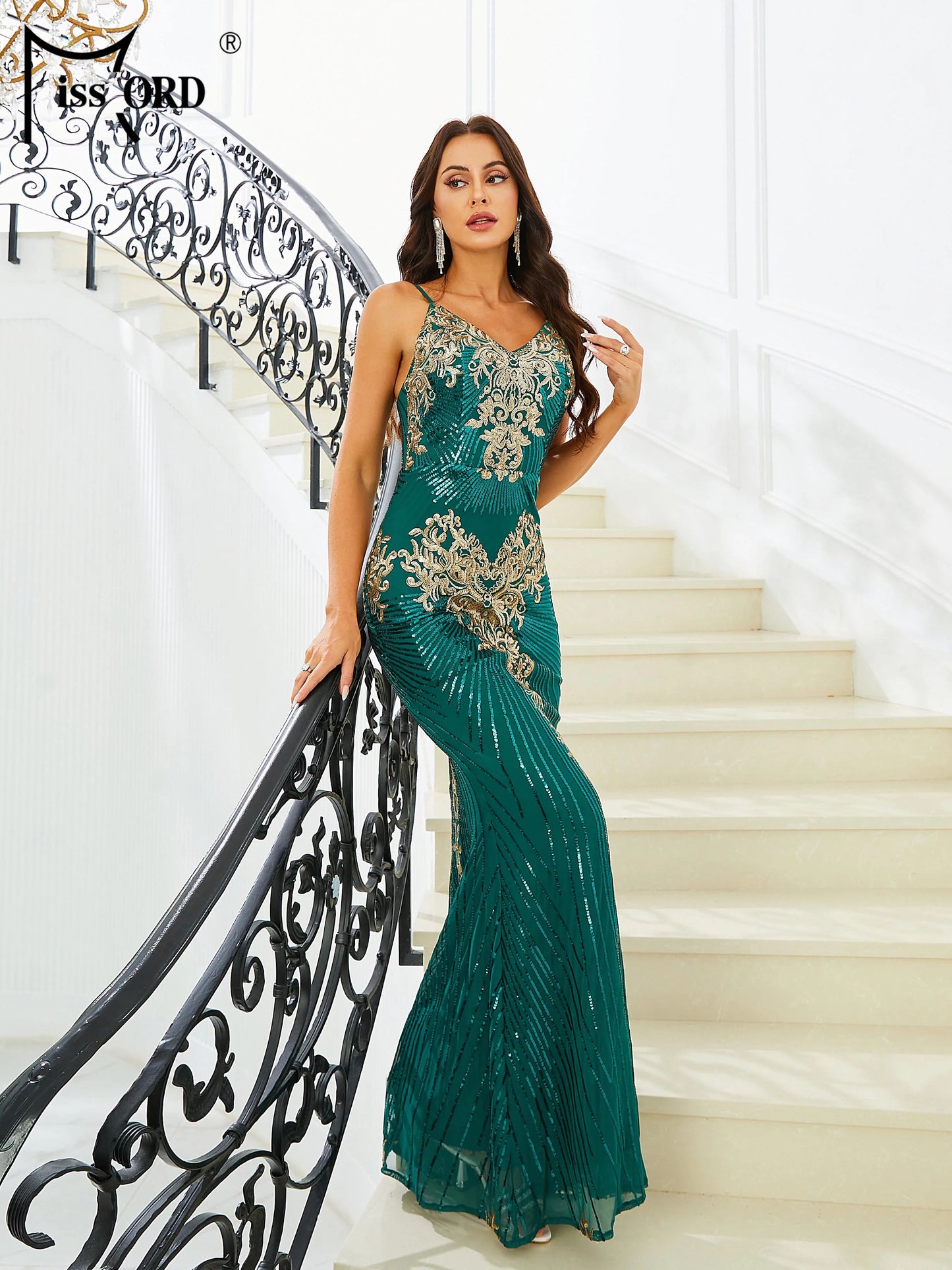 Missord Green Prom Dresses Elegant Women Spaghetti Strap V Neck Print Sequin Bodycon Mermaid Party Dress Woman Long Evening Gown