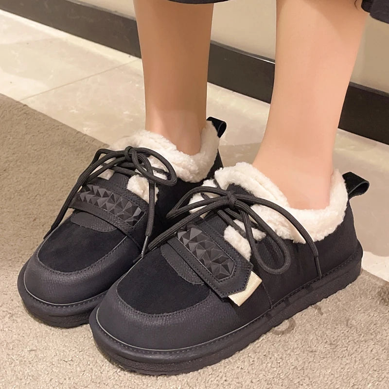 Women Winter Shoes Flats Platform Casual Soft Lace Up Shoes Comfortable Fur Short Plush Warm Fashion Outdoor Solid Boots 36-40