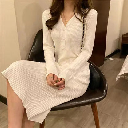 Winter Slim Women Long Dress V Neck Sexy High Waist Knitted Long Sleeve Solid Color Outwear Sexy Women Dress Fashion 3k