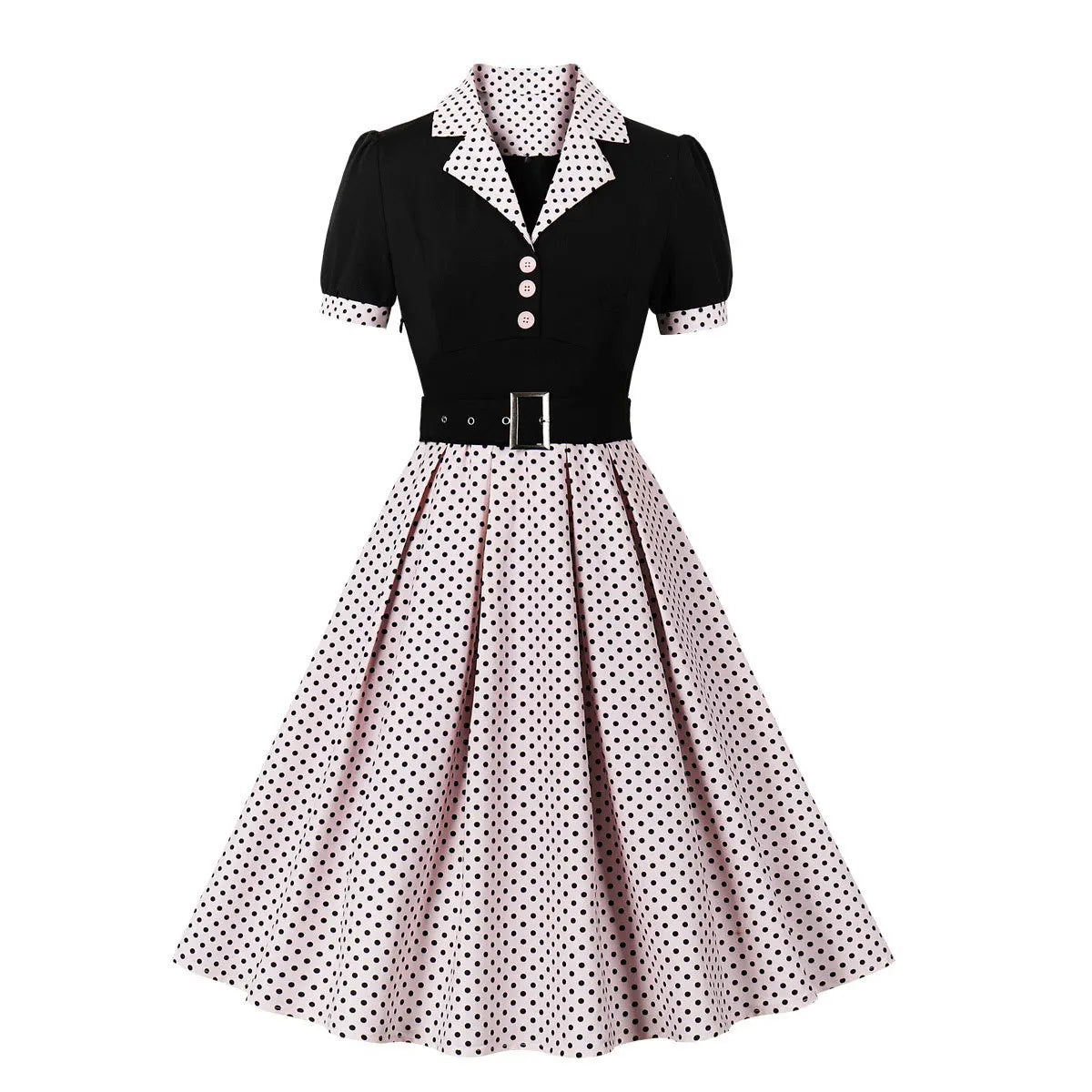 2024 New Fashion Polka Dot Vintage Pleated Dresses Retro Notched Collar Elegant Summer Women Short Sleeve Belted 1950s 60s Dress