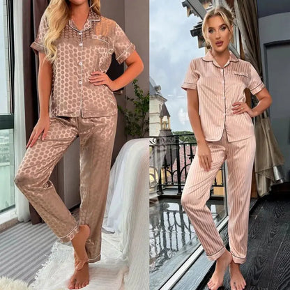 Women‘s Striped Printed Silk Satin Pajamas Summer Nightwear Trouser Suits Satin Set Woman 2 Pieces Short Sleeve Sleep Tops Night freo