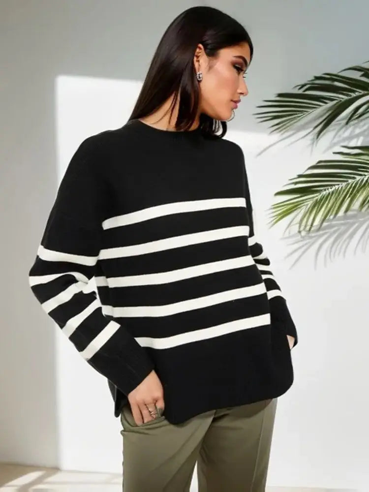 Ladies Striped Knitted Basic Thick Loose Winter Sweater Women Warm Pullover Tops Casual Streetwear Women Sweater Female Jumper 3k