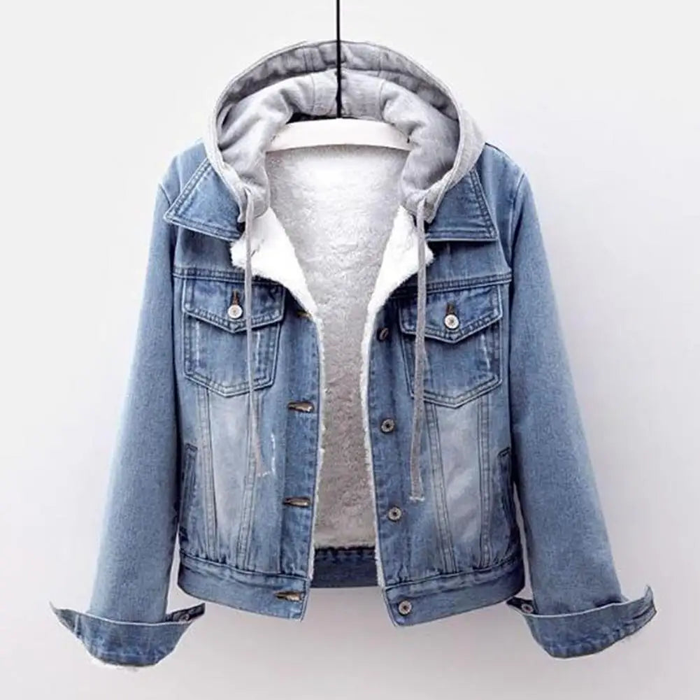 Women Winter Jacket Hooded Solid Long Sleeves Detachable Hat Thick Keep Warm Single-breasted Plus Size Plush Denim Winter Coat kash