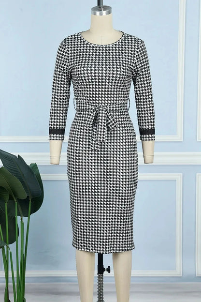 LW Houndstooth Slit Midi Bodycon Dress 3/4 Sleeve Hem Split Waist Tie Up All Over Print Workout Wear Elegant Black And White 1pc pour