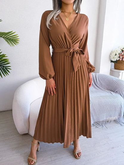 Women Summer Elegant Cross V-neck Swing Pleated Dress Long Maxi Loose Dress Ankle Length Solid Color 3k