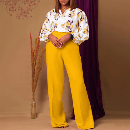 2 Pieces Sets Womens Outfits Two Pieces Pants Blouse Shirts Printed Long Trousers High Waisted Elegant Birthday Party Pants Sets wowo