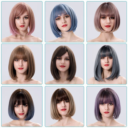 Short  Bob Wig Brown Straight Hair Synthetic Wigs With Bangs For White Women Nutural Cosplay Lolita Heat Resistant Perruque