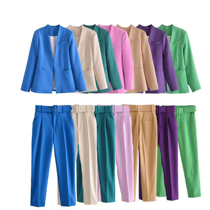 2024ZAR * Spring/Summer Hot Selling New Product Women's Solid Color Buckle Free Suit Belt Decoration Pants Set