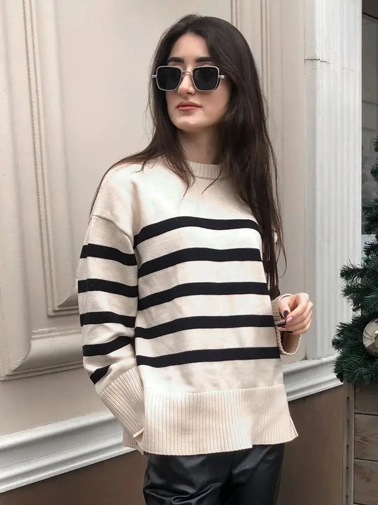 Ladies Striped Knitted Basic Thick Loose Winter Sweater Women Warm Pullover Tops Casual Streetwear Women Sweater Female Jumper 3k