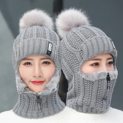 Women Wool Knitted Hat Ski Hat Sets Windproof Winter Outdoor Knit Thick Siamese Scarf Collar Warm Keep Face Warmer Pompoms Cap mask