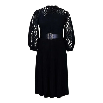 Elegant Lace Patchwork Pleated Hollow Out Sexy Women's Dress African Style Women's Clothing