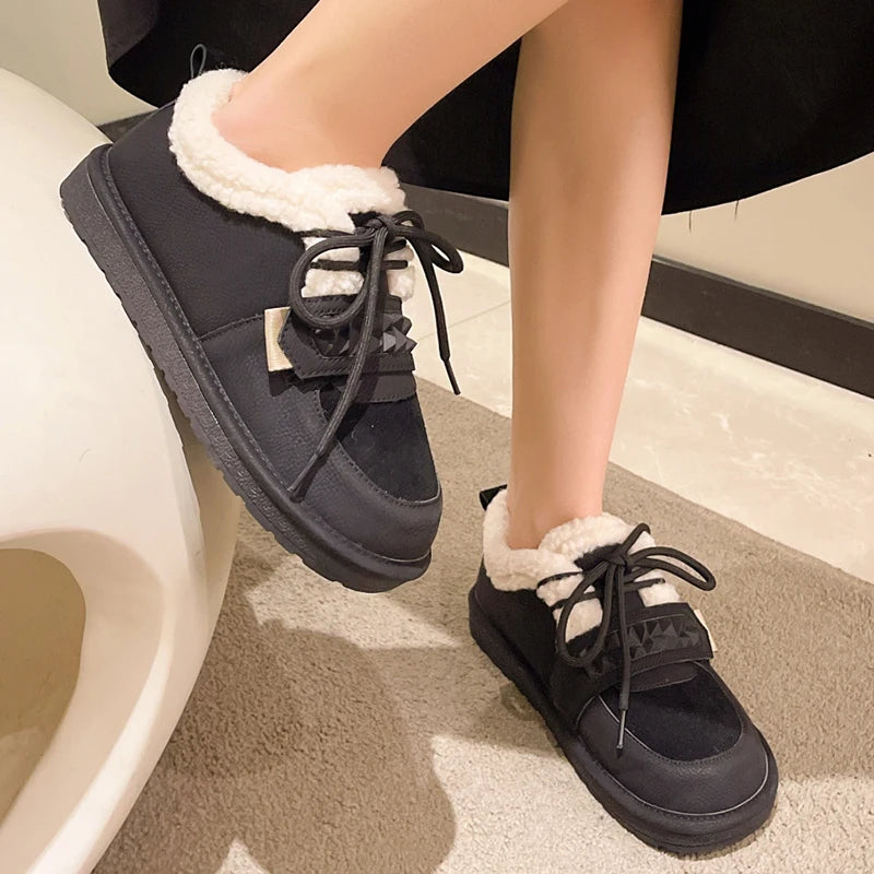 Women Winter Shoes Flats Platform Casual Soft Lace Up Shoes Comfortable Fur Short Plush Warm Fashion Outdoor Solid Boots 36-40