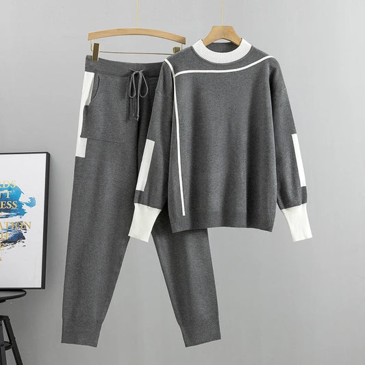 2024 Autumn Runway 2 Pieces Set Knitted Long Sleeve Pullovers Sweater Casual Patchwork Fashion Women Tops and Pants Suits Spring T18