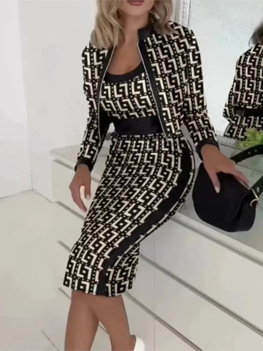 Sexy Slim Print Suit Elegant Office Lady Round Neck Vest Zippered Long Sleeve Jacket Package HipSkirt Three Piece Set 2024 New