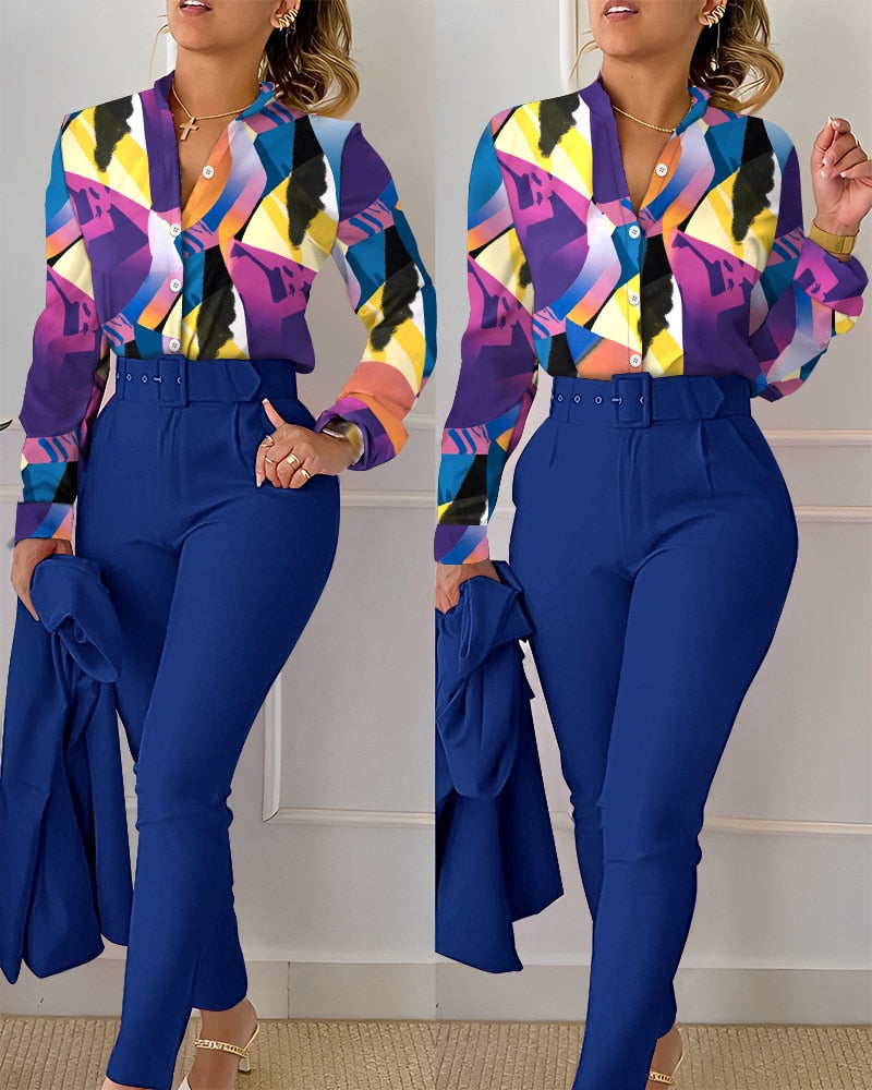 Women Shirt Pants Set Elegant Fashion V Neck Floral Print Long Sleeve High Waist Two Piece Set Office Lady Casual Trousers Suits