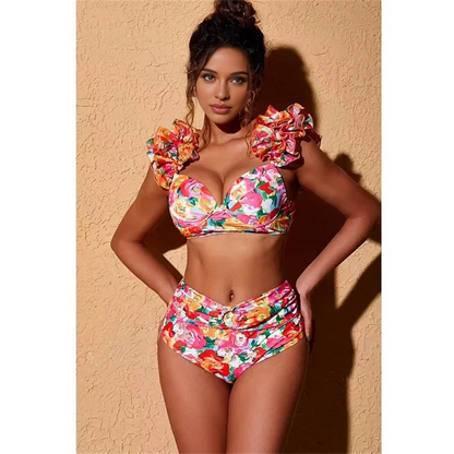 Floral Print Two Pieces Bikini Swimsuit Women 2024 New High Waist Swimwear and Sarong Biquini Separate Beach Bathing Suit