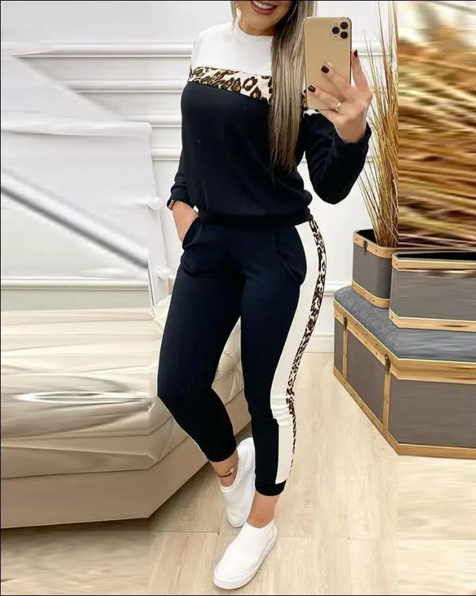 Fashion Two Piece Set Women Outfit 2024 Autumn Cheetah Print Colorblock Long Sleeve Round Neck Top & Casual Sweatpants Set deriluja