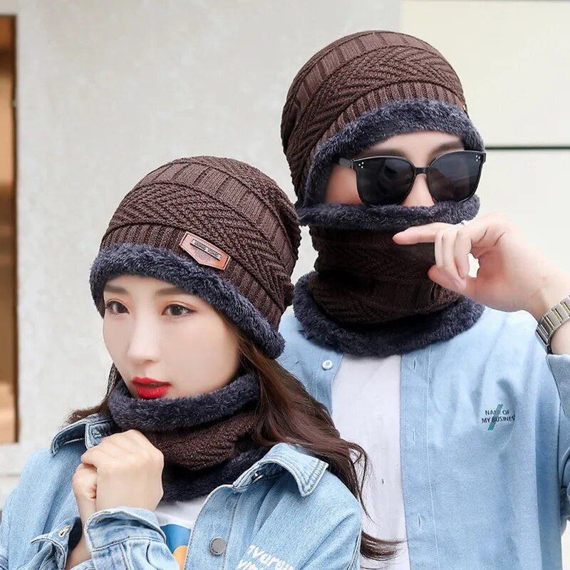 2pcs Ski Cap and Scarf Sets Winter Hat For Men Knitted Hat Thick Wool Neck Scarf Winter Cap Beanie Women Cap Balaclava Mask