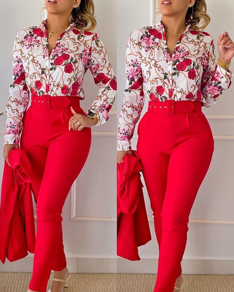 Women Shirt Pants Set Elegant Fashion V Neck Floral Print Long Sleeve High Waist Two Piece Set Office Lady Casual Trousers Suits