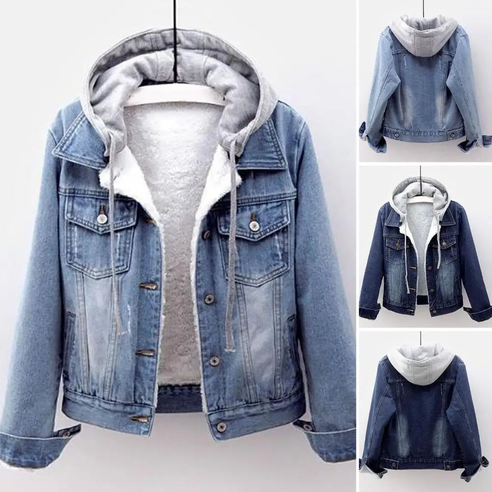 Women Winter Jacket Hooded Solid Long Sleeves Detachable Hat Thick Keep Warm Single-breasted Plus Size Plush Denim Winter Coat kash