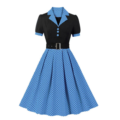 2024 New Fashion Polka Dot Vintage Pleated Dresses Retro Notched Collar Elegant Summer Women Short Sleeve Belted 1950s 60s Dress