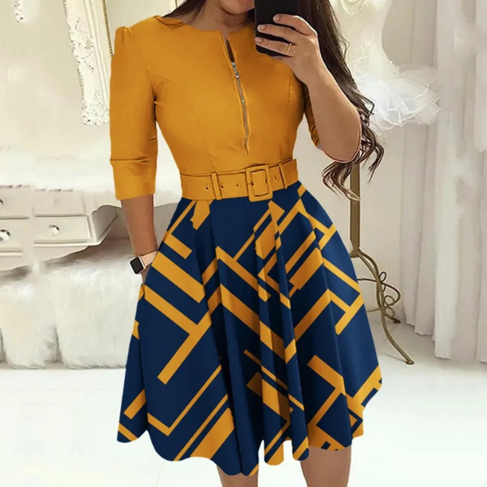 Women Office Lady Mini Dress Long Sleeve O Neck Zipper With Belt Pocket Long Sleeve Workwear Print Patchwork OL Autumn Dresses