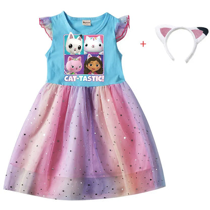 Cartoon Gabby Cats Baby Girl Dresses Kids Gabby's Doll House Clothes Cosplay Costume Children Fly Sleeve Casual Dress + Headband greg